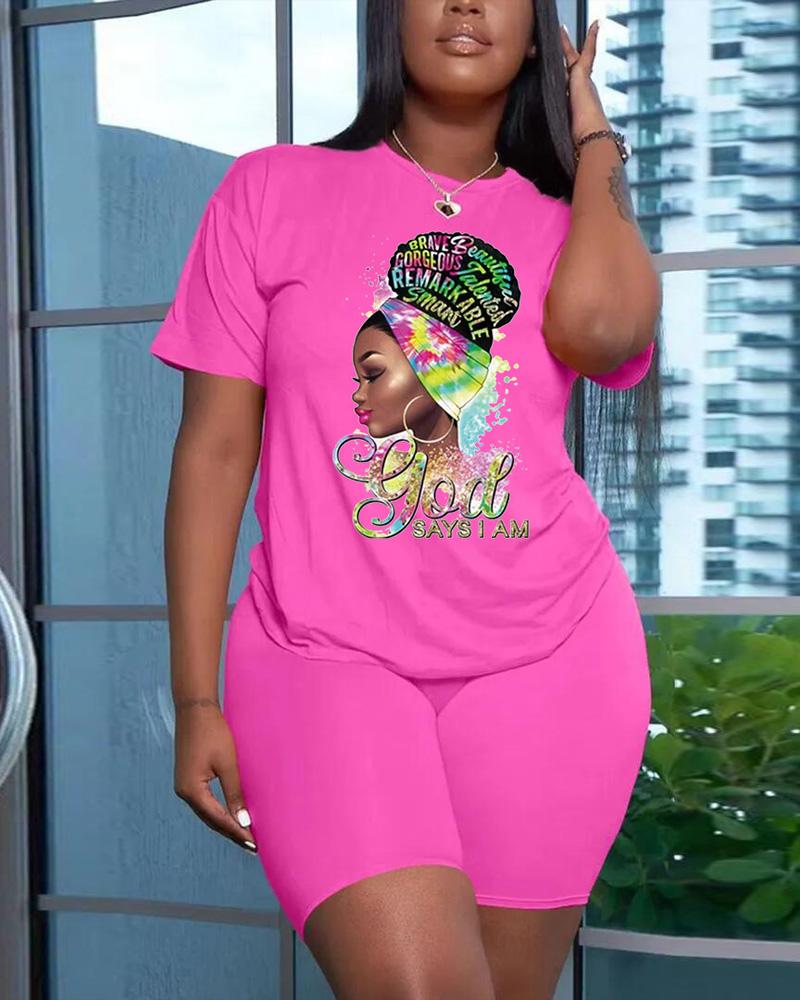 

Plus Size Figure Letter Print Casual Top & Shorts Set, Pink