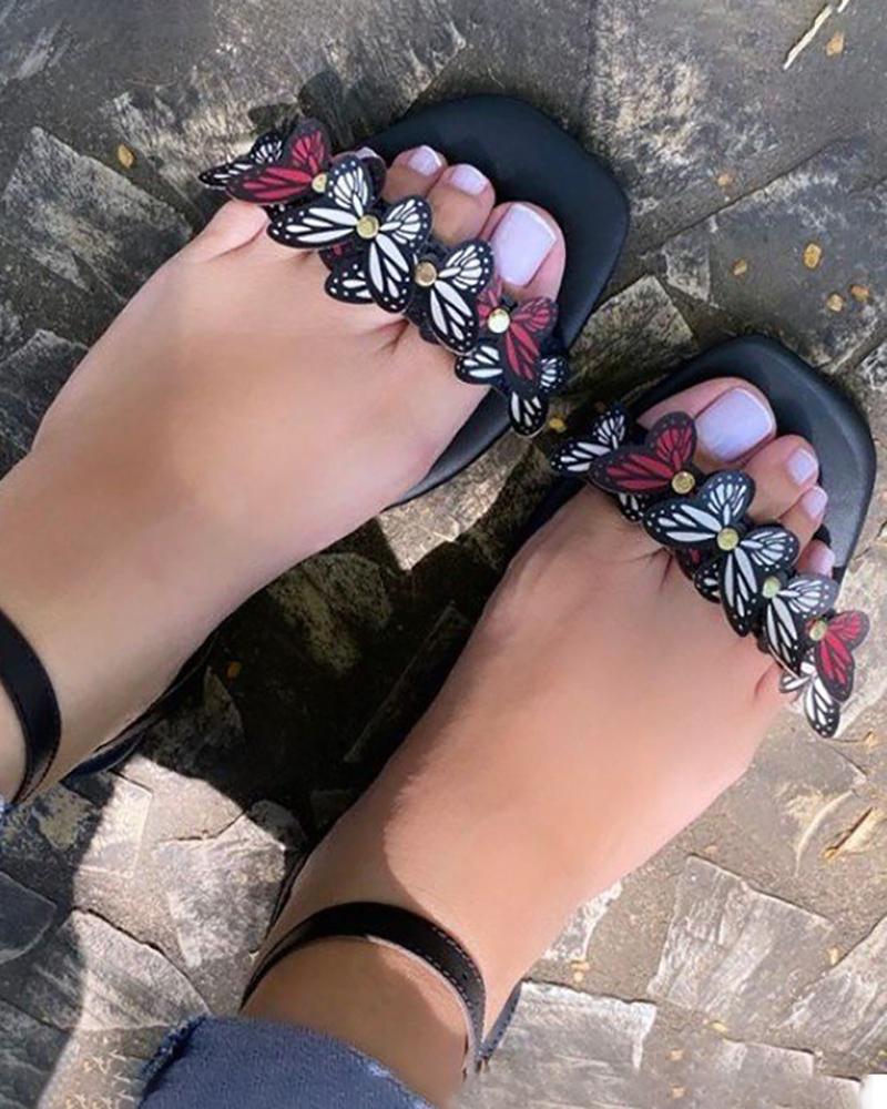 

Butterfly Pattern Ankle Strap Slingback Sandals, Black