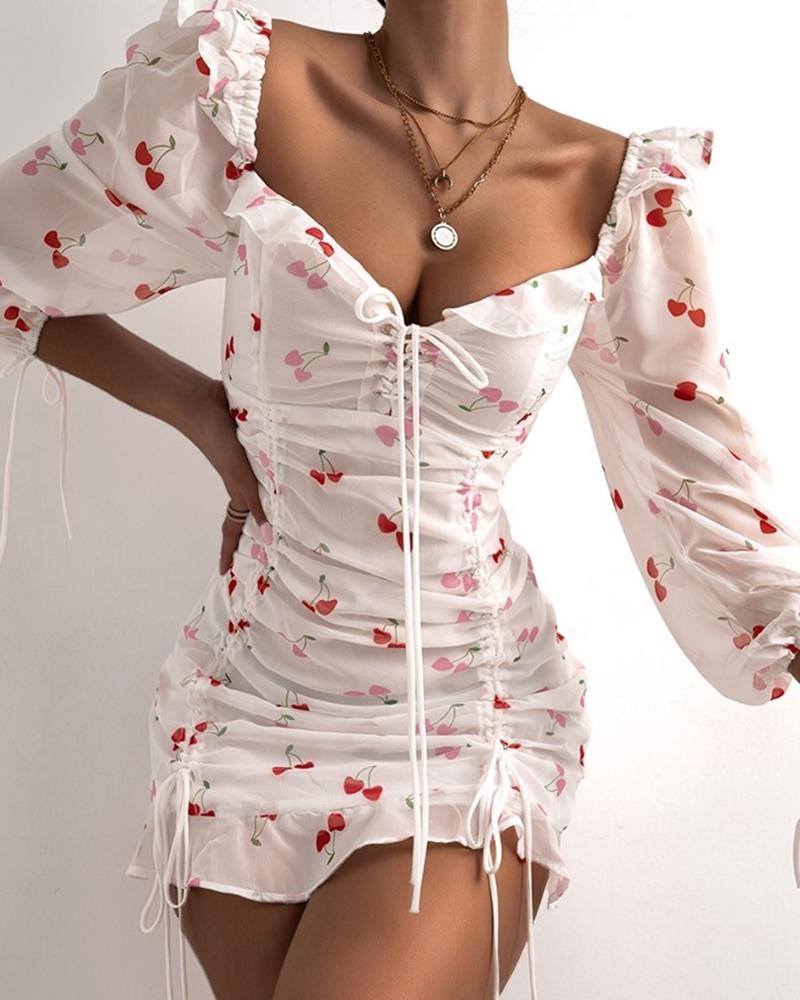 

Cherry Print Eyelet Lace-up Ruffles Dress, White