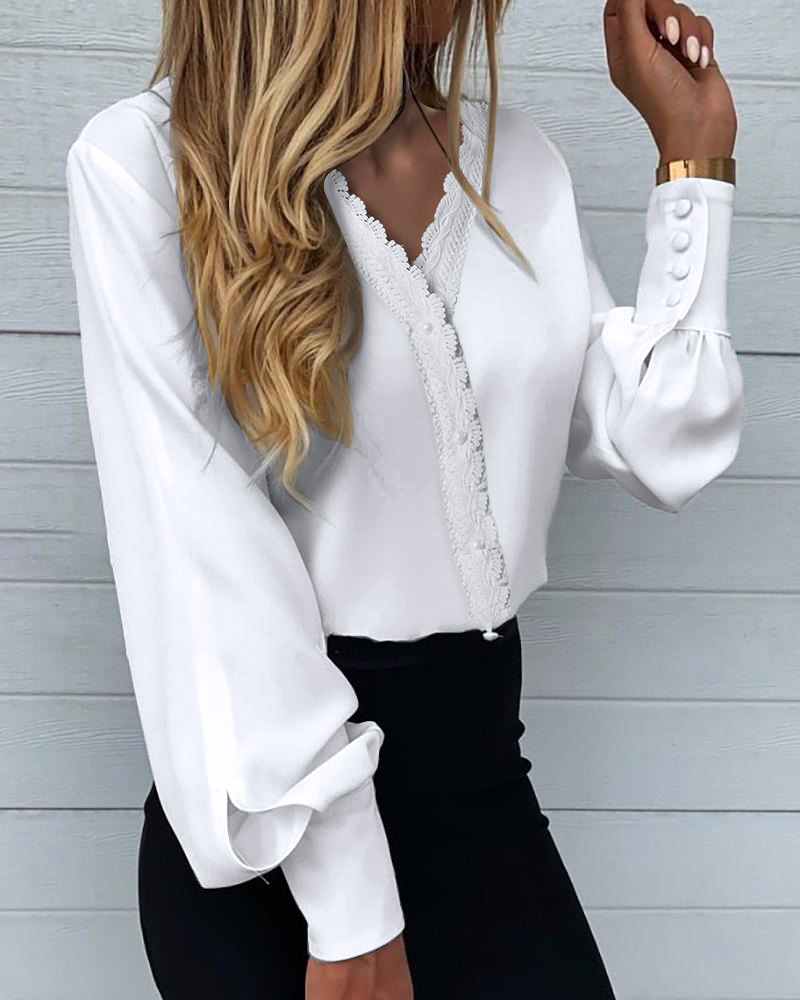 

Lace Trim Button Design Lantern Sleeve Shirt, White