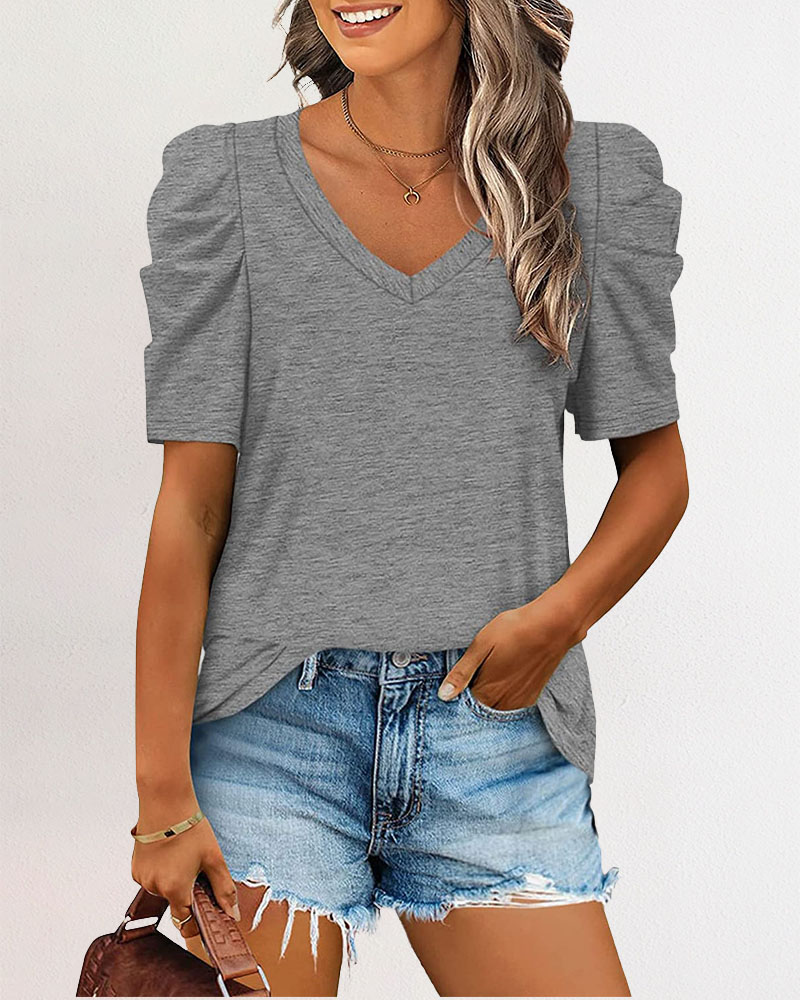 

V-Neck Puff Sleeve Casual T-shirt, Gray
