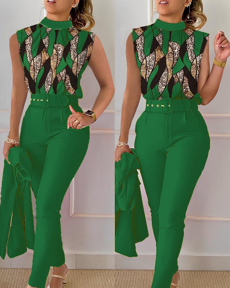 

Baroque Leopard Print Top & High Waist Pants Set, Green