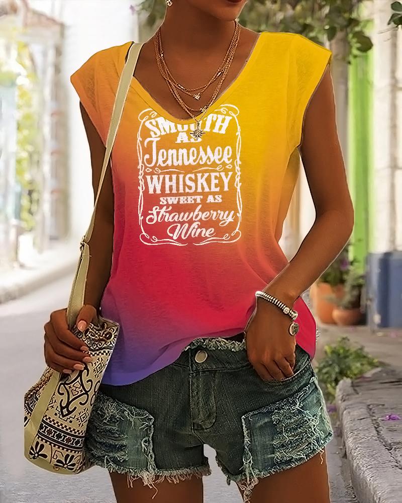 

Smooth As Tennessee Whiskey Sweet As Strawberry Wine Print Ombre Cap Sleeve T-shirt, Multicolor