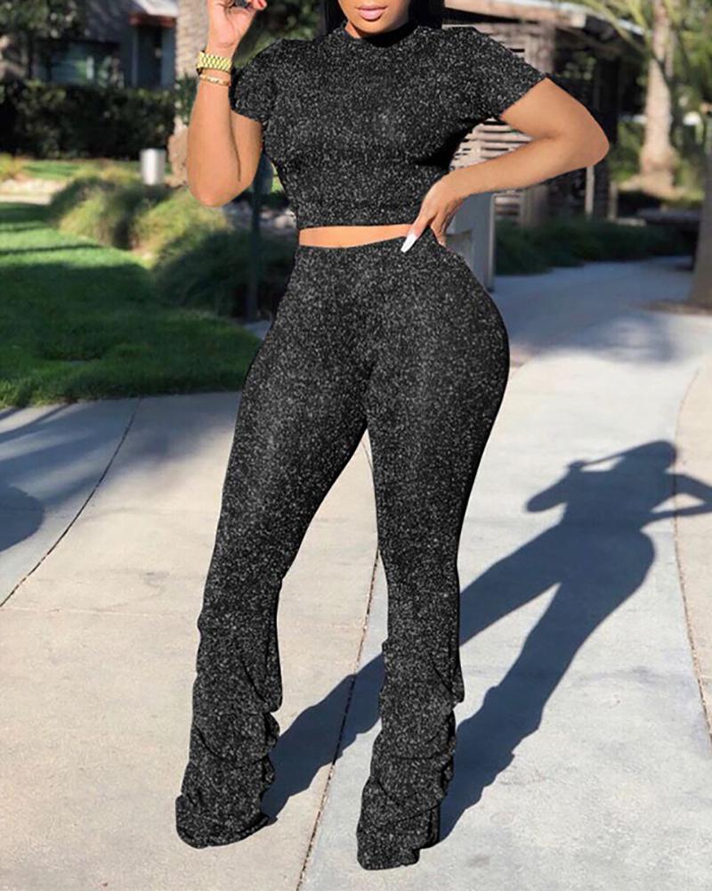 

Glitter Short Sleeve Top & Ruched Pants Sets, Black