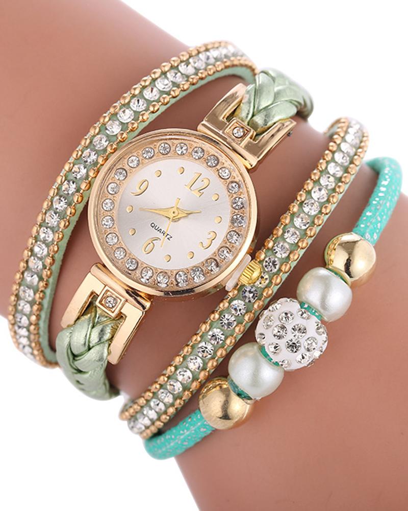 

1pc Rhinestone Decor Bangle Quartz Watch, Green