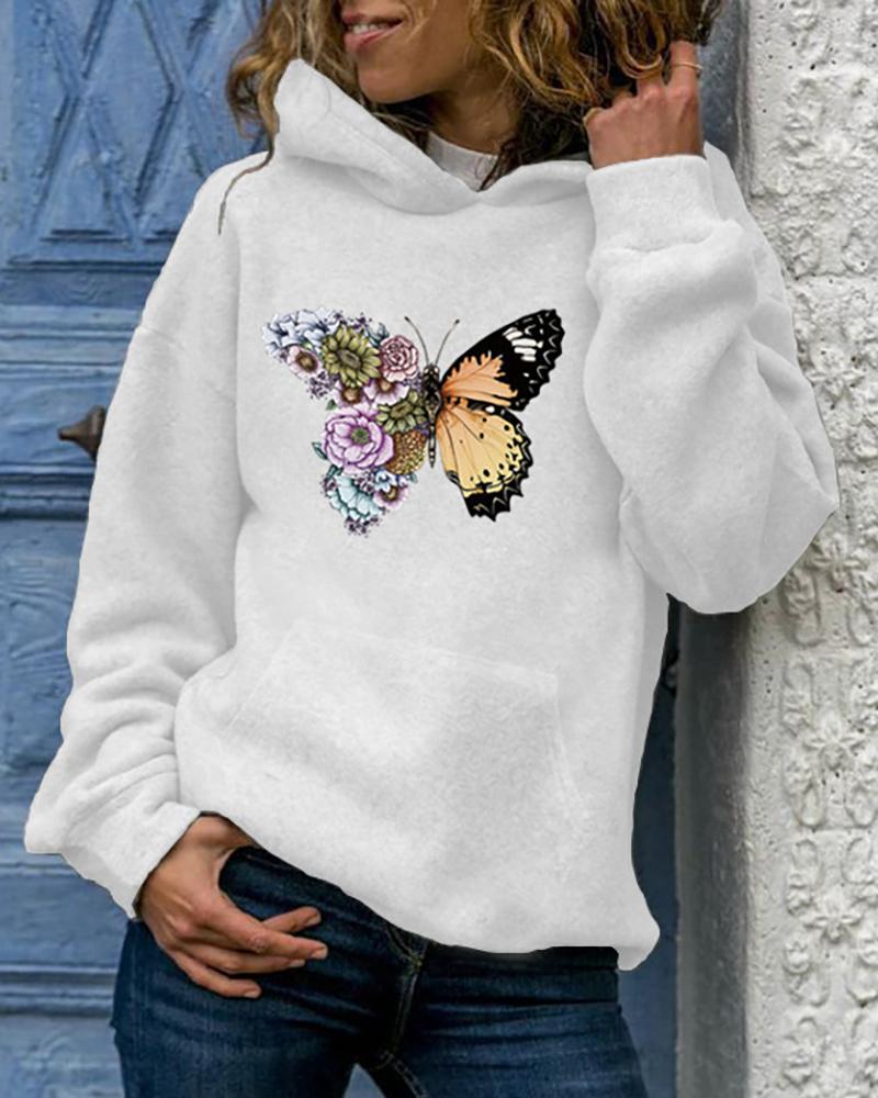 

Butterfly Print Pocket Design Hooded Top, White