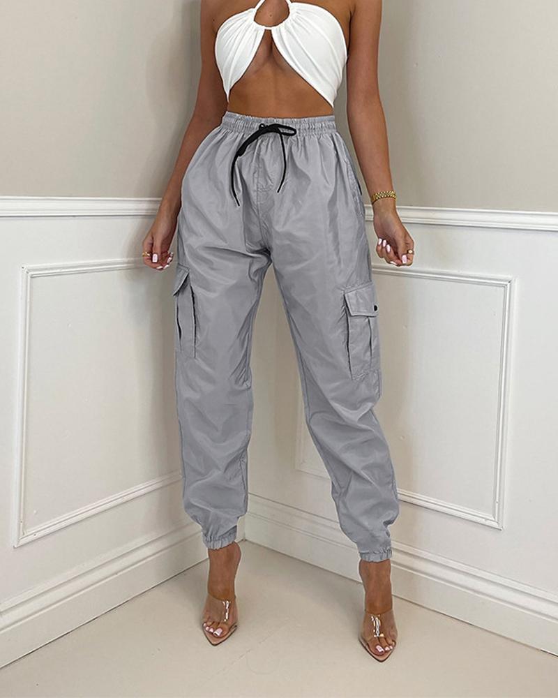 

Pocket Design Drawstring Cuffed Cargo Pants, Silver
