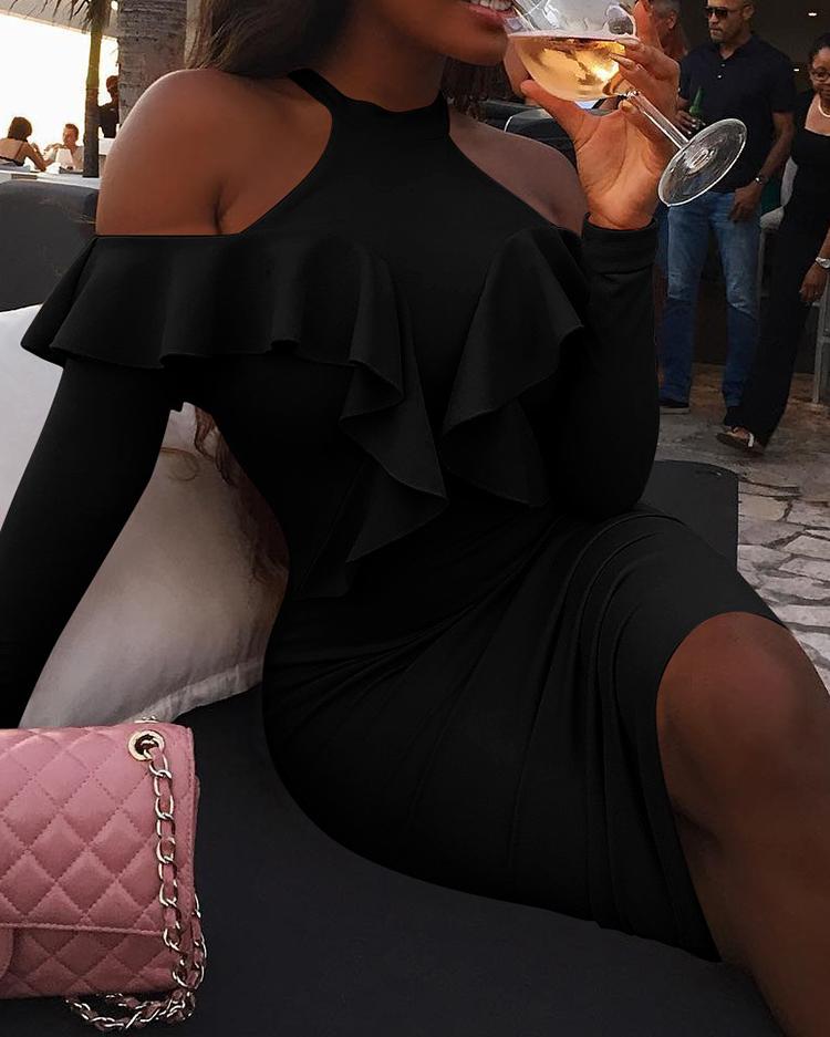 

Frilled Cold Shoulder Long Sleeve Bodycon Dress, Black