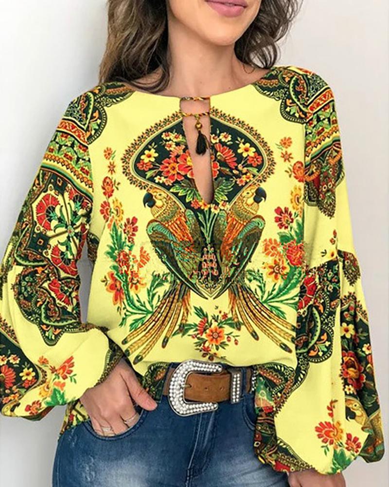 

Exotic Print O-neck Lantern Sleeve Blouse, Yellow