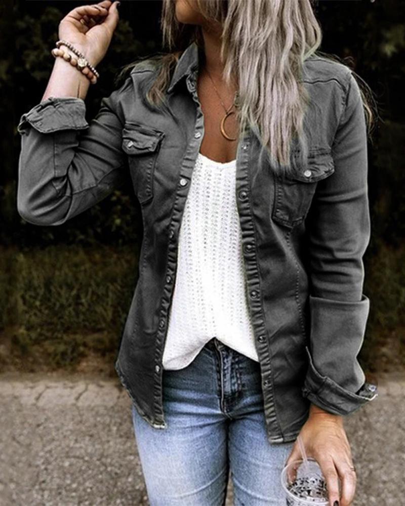 

Long Sleeve Button Down Denim Shacket, Black