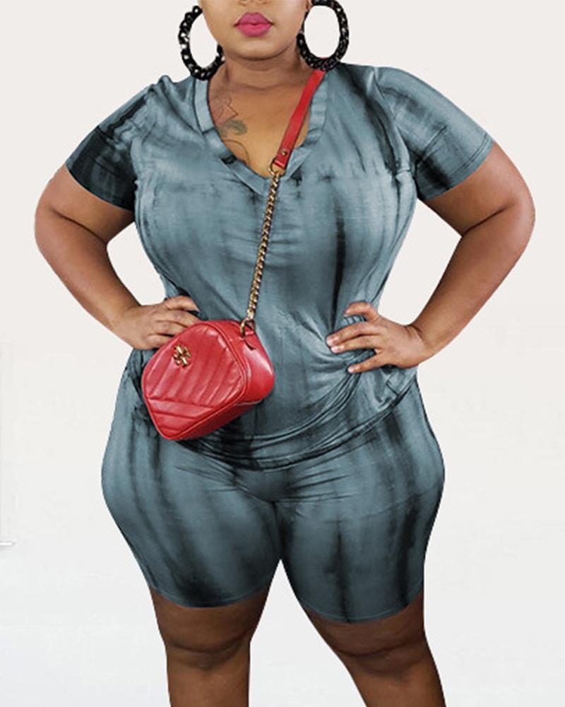 

Plus Size Tie Dye Print Casual Top & Shorts Set, Gray