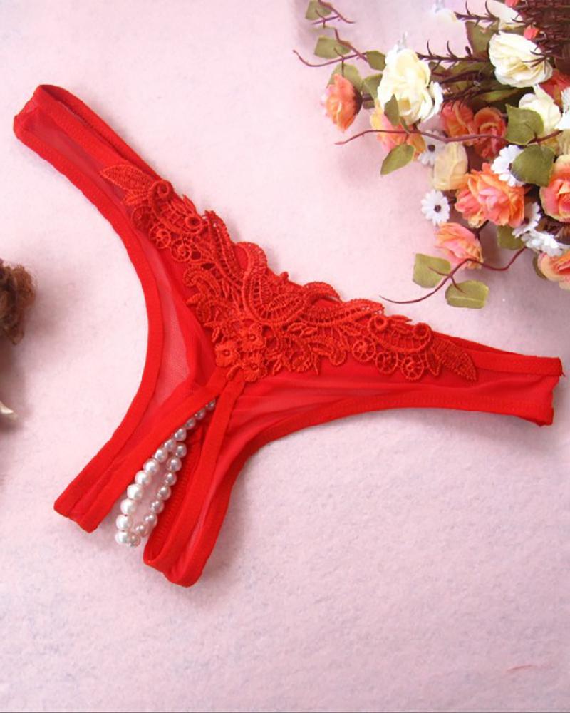 

Beaded Strap Open Crotch Mesh Panty, Red