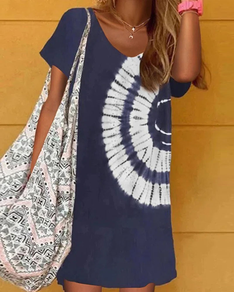 

Tie Dye Print V-Neck Casual Dress, Purplish blue