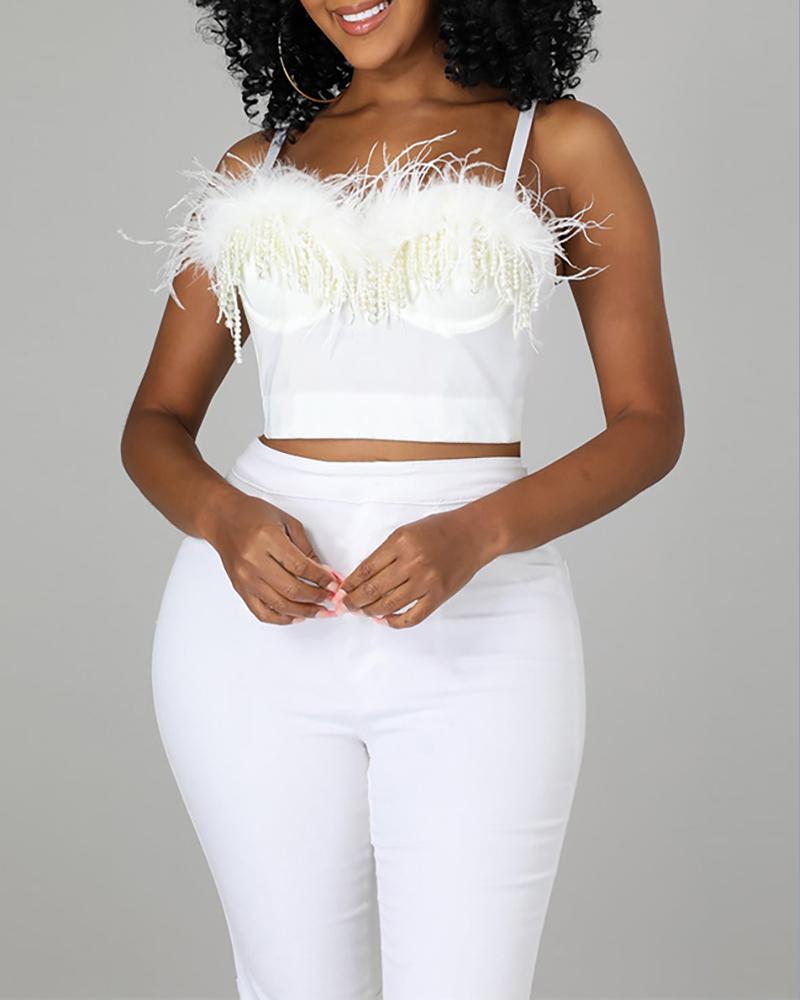 

Backless Feather Decor Crop Top & High Waist Pants Set, White