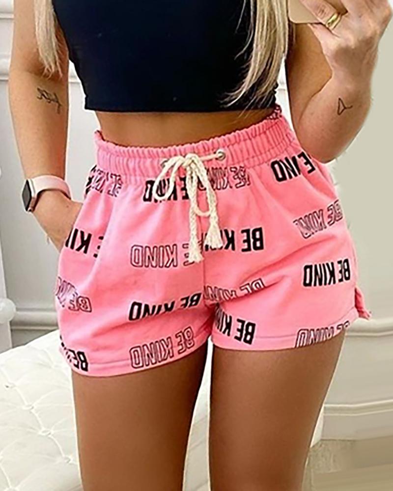 

Eyelet Drawstring Letter Print Pocket Design Casual Shorts, Pink