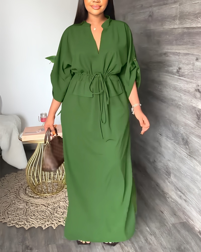 

Roll Up Sleeve Drawstring Waist Split Hem Maxi Dress, Green
