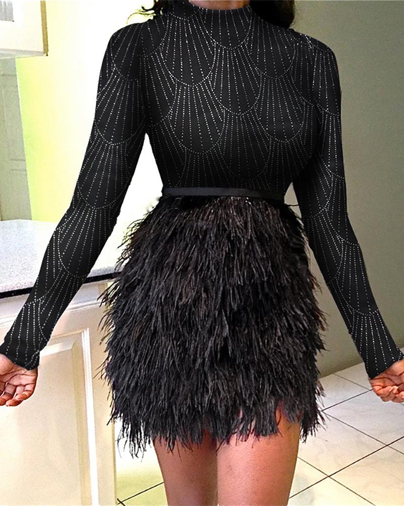 

Glitter Mock Neck Feather Insert Long Sleeve Bodycon Dress, Black