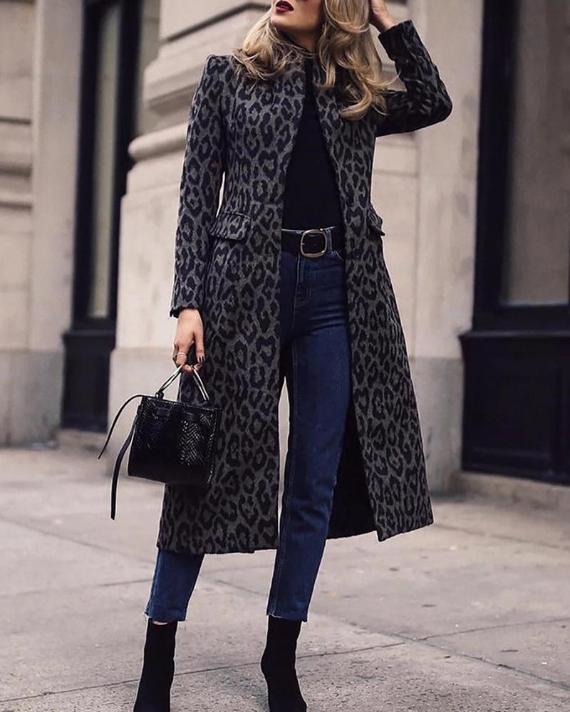 

Leopard Print Pocket Design Long Sleeve Coat, Black
