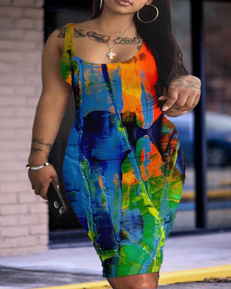 

Plus Size Abstract Print U-Neck Sleeveless Bodycon Dress, Blue
