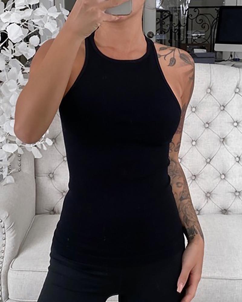 

Solid Round Neck Sleeveless Casual Women Top, Black