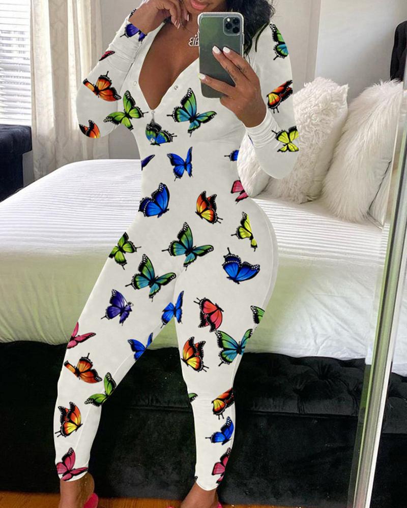 

Butterfly / Cartoon / Heart / Letter Print Buttoned Jumpsuit, White