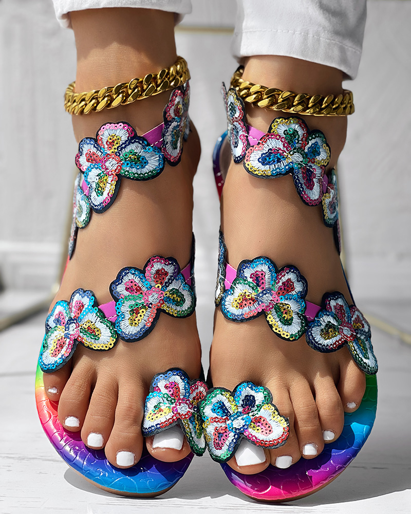 

Butterfly Pattern Toe Ring Slingback Beach Sandals, Floral