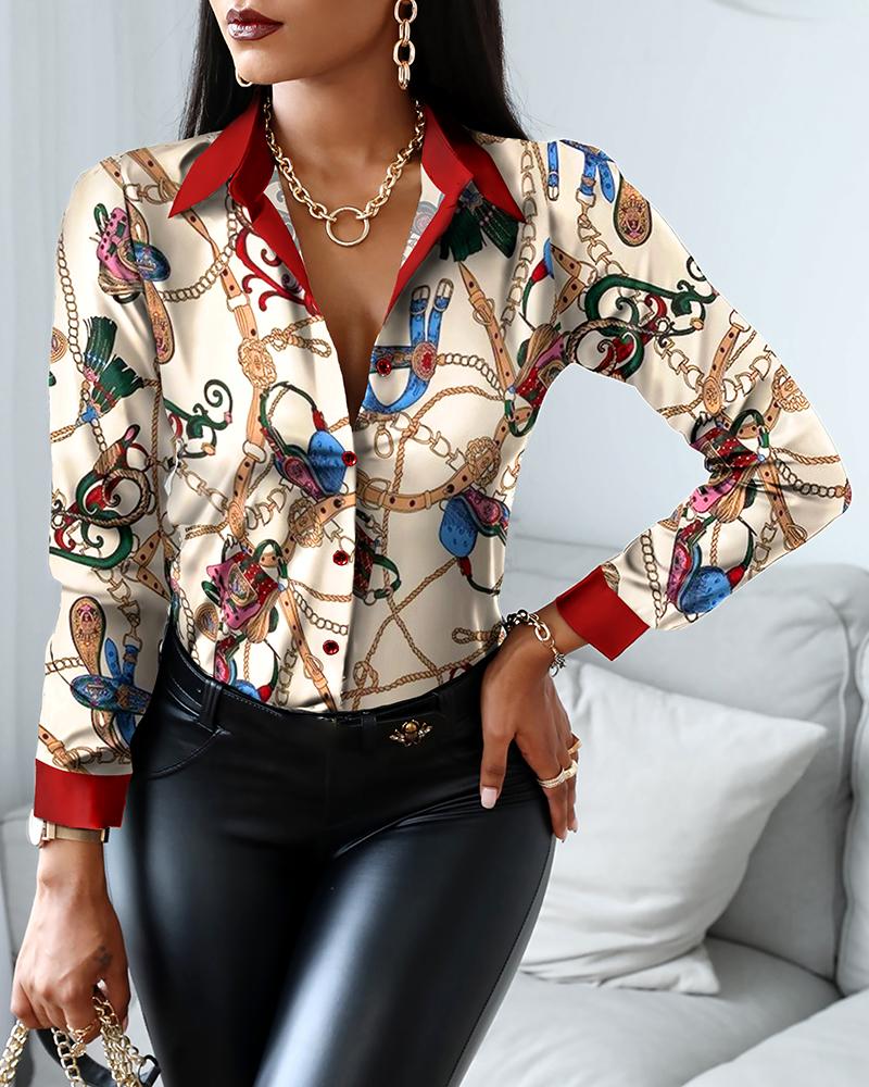 

Chain Scarf Print Button Design Shirt, Multicolor