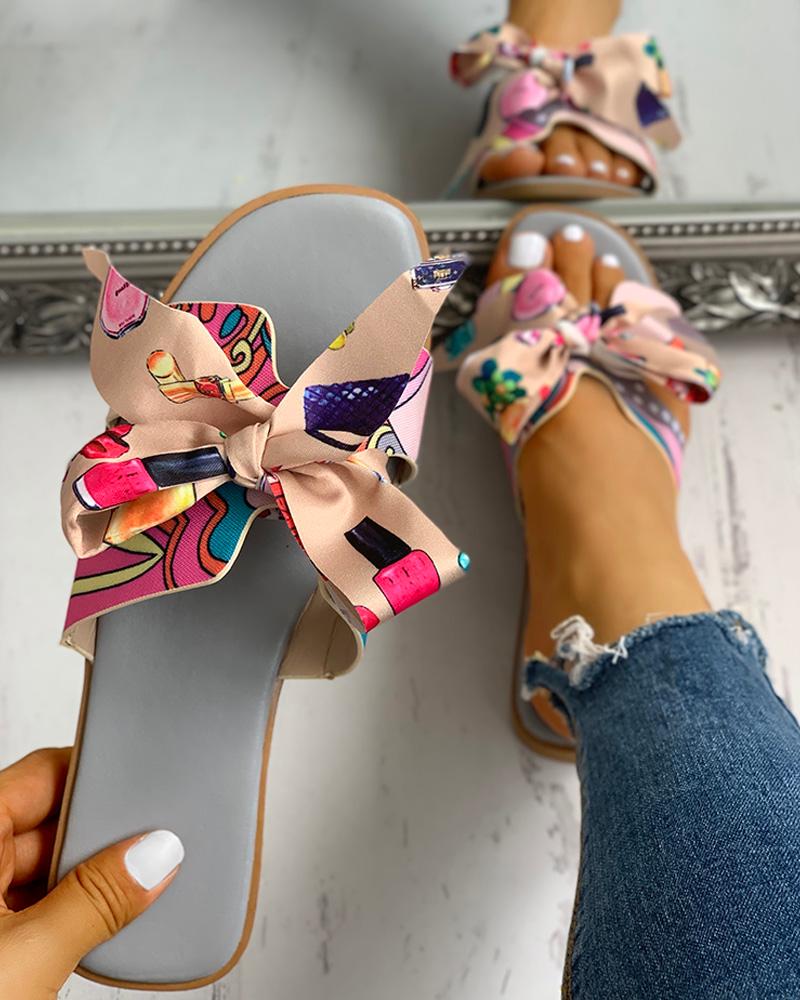 

Floral Print Bowknot Design Casual Sandals, Gray