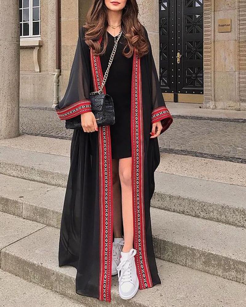 

Graphic Print Trim Colorblock Long Sleeve Cover Up, Black