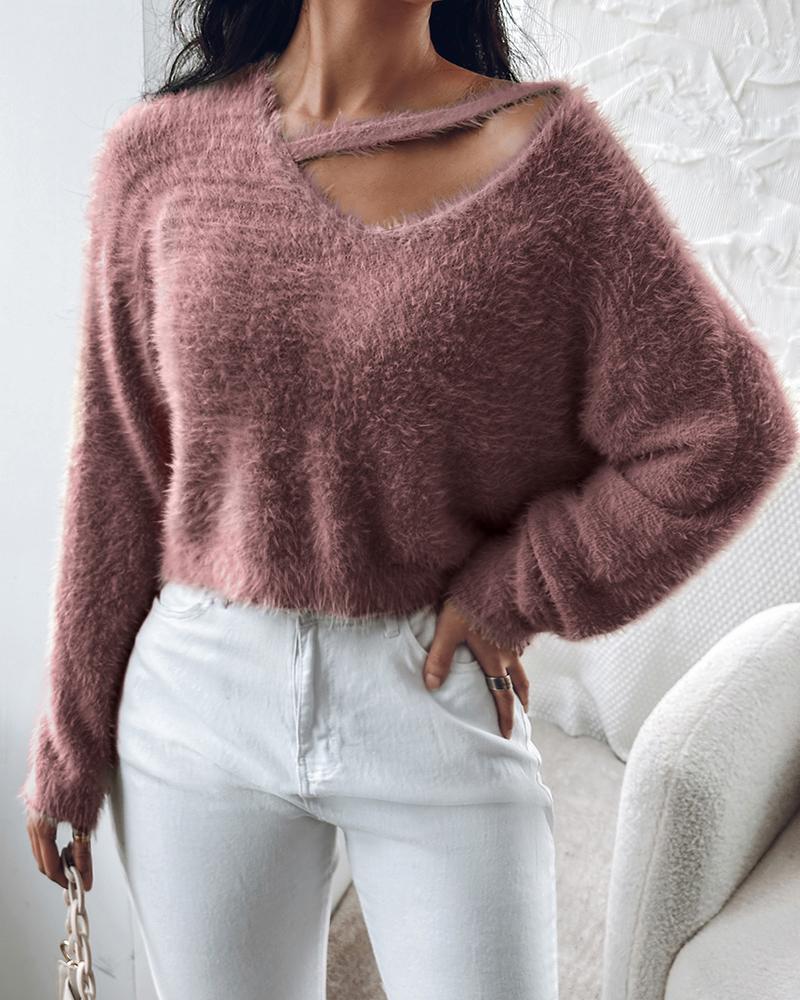 

Asymmetrical V-Neck Fuzzy Knit Sweater, Wine red