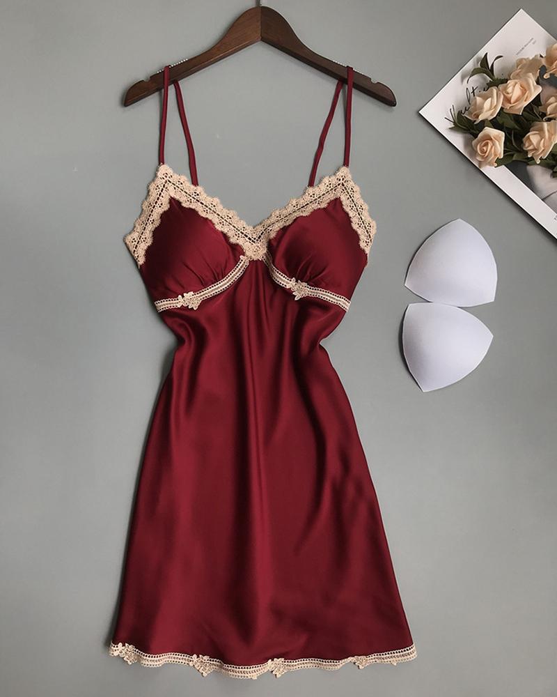 

Lace Trim Satin Padded Nightdress, Wine red