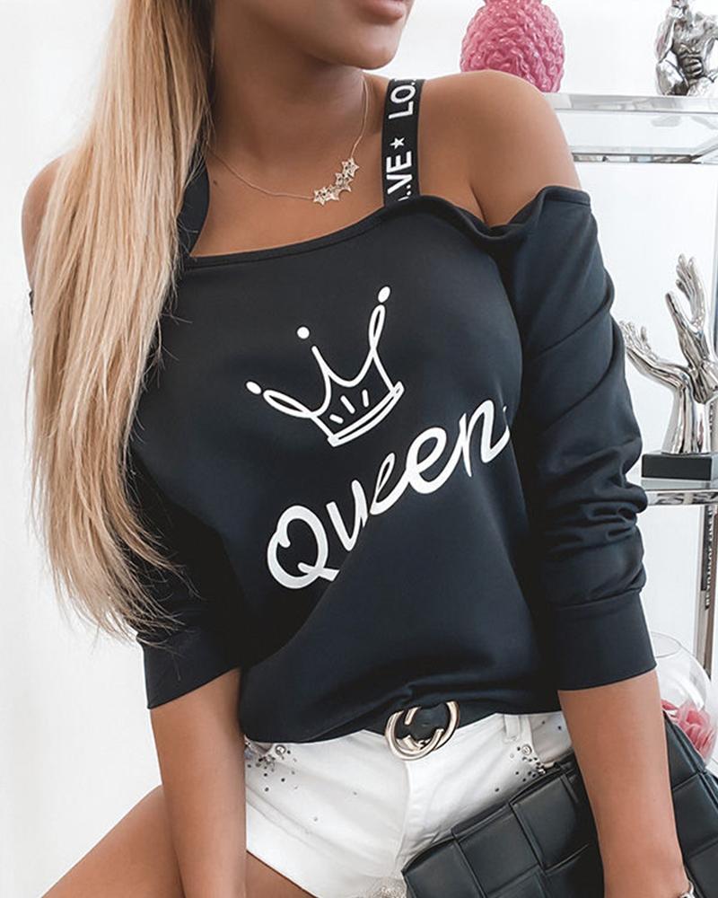 

Letter Crown Print Cold Shoulder T-shirt, Black
