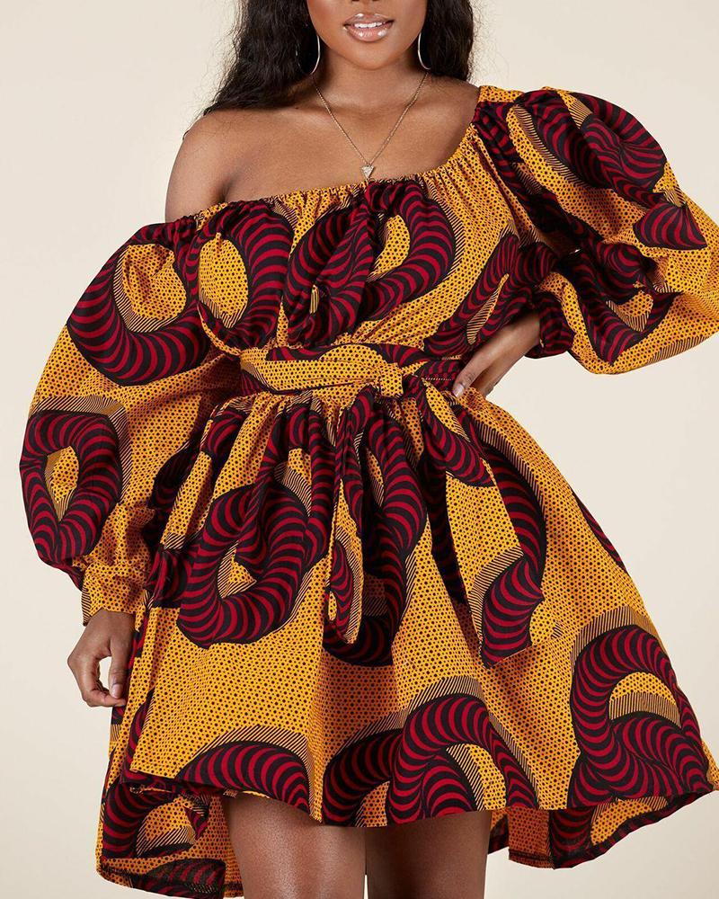 

Printing Long Sleeve Skinny Waist Mini Dress, Yellow