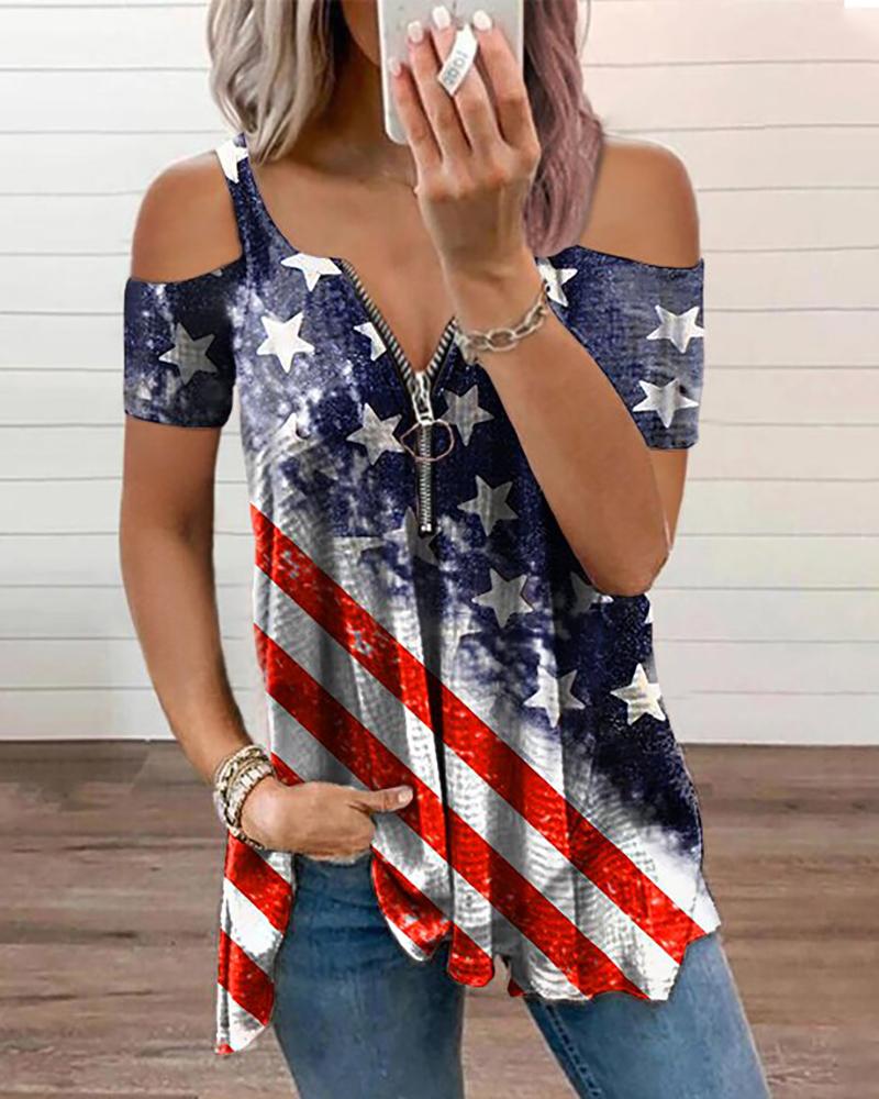 

Independent Day Flag Print Cold Shoulder Zipper Decor T-Shirt, Gray