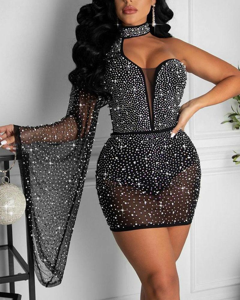 

Rhinestone Pearls Decor One Shoulder Bell Sleeve Bodycon Dress, Black