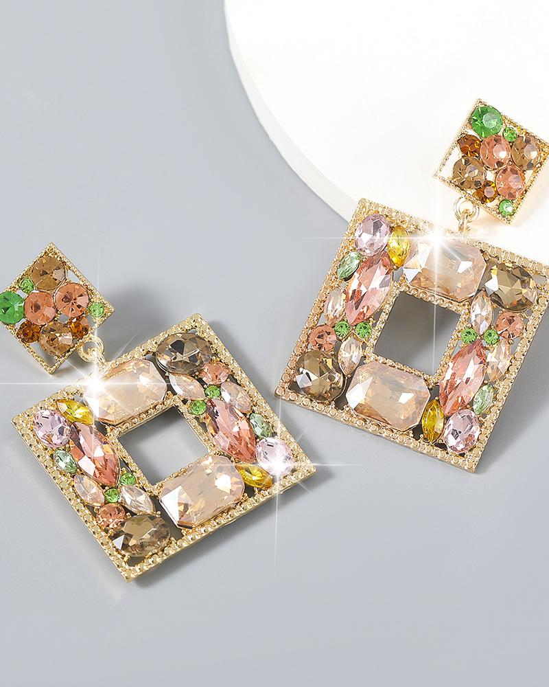

1Pair Colorful Rhinestone Square Shaped Drop Earring, Golden