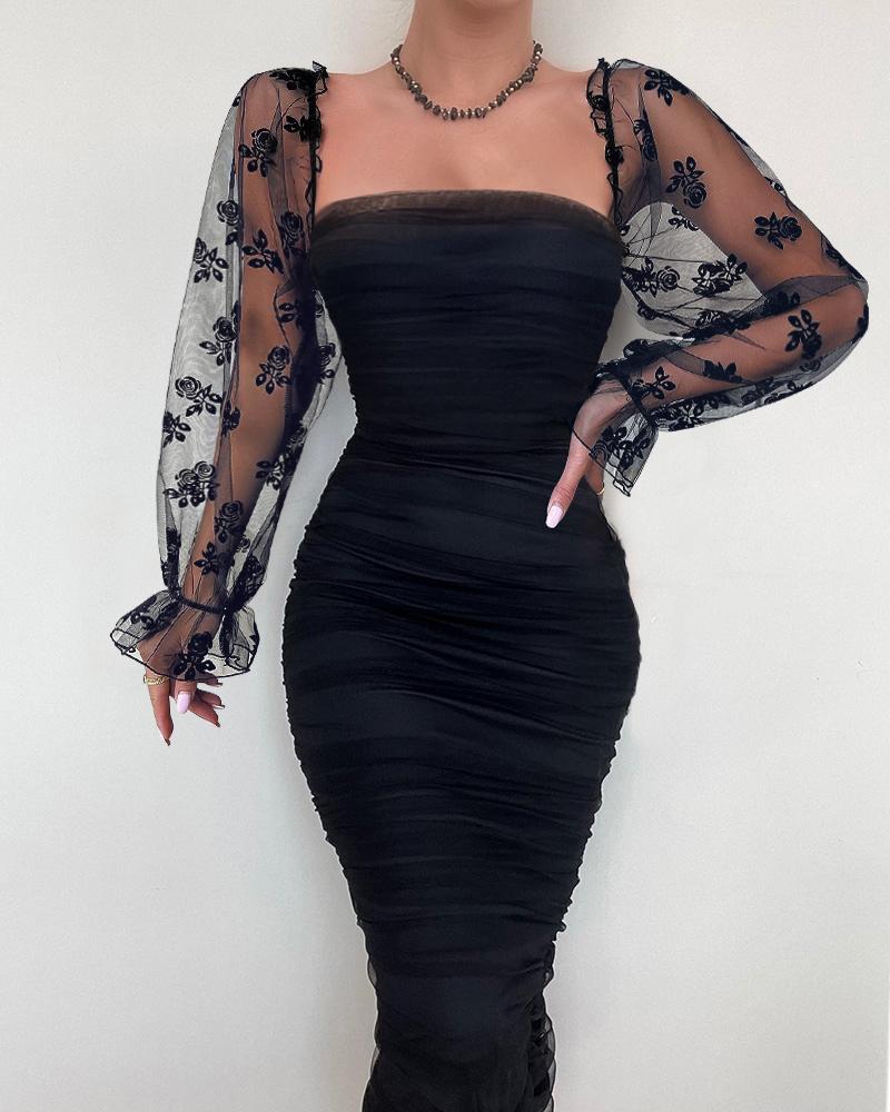 

Ruched Sheer Mesh Party Dress, Black