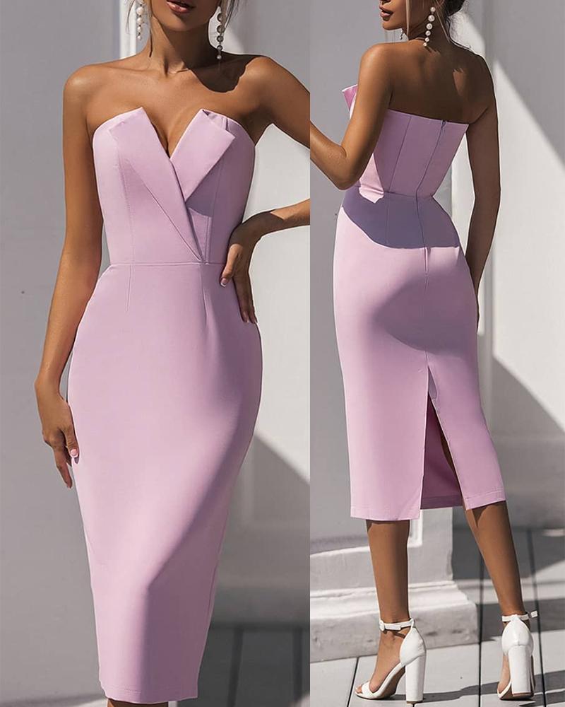 

Solid Notched Slit Back Tube Dress, Pink