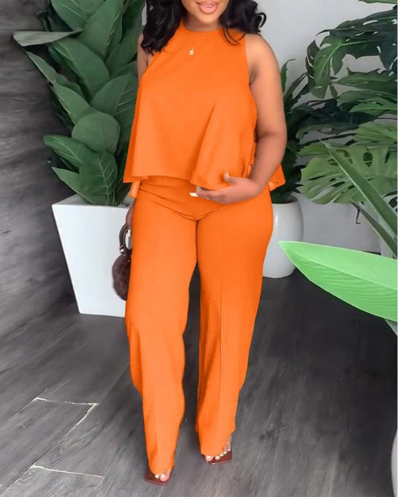 

Sleeveless Ruffle Hem Top & Straight Leg Pants Set, Orange