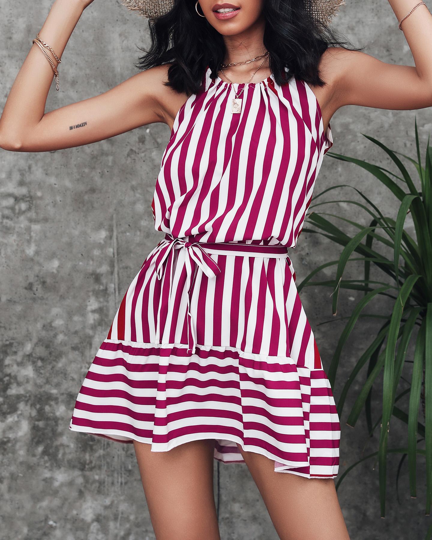 

Striped Pleated Casual Dress, Red