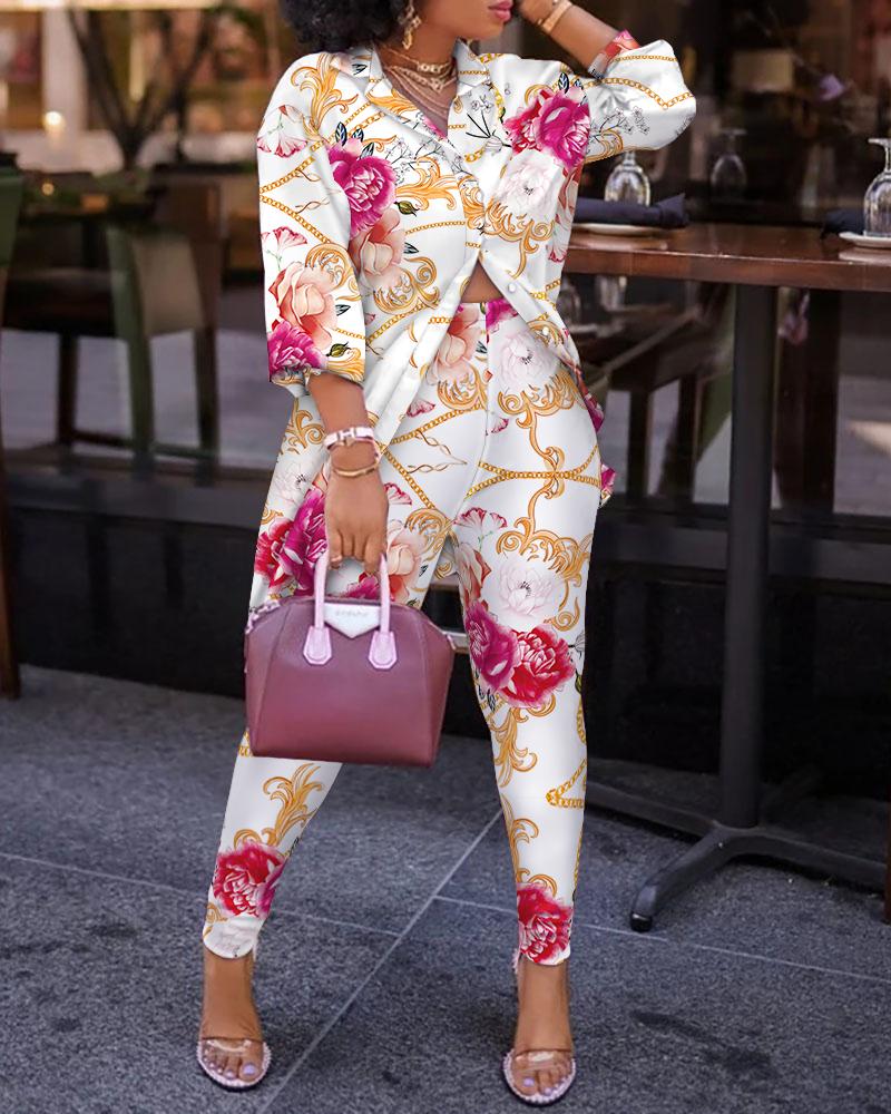 

Floral Baroque Print Lantern Sleeve Top & High Waist Pants Set, White