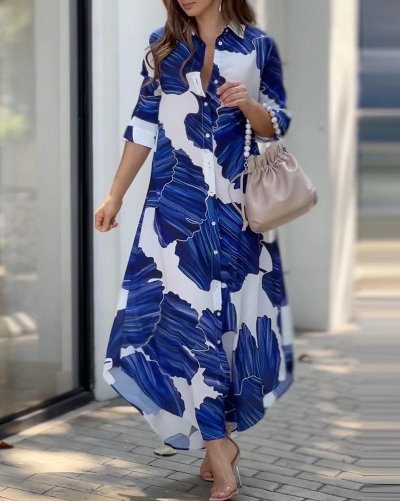 

Plants Print Buttoned Shirt Dress, Blue