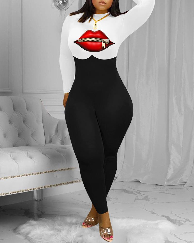

Lip Print Colorblock Long Sleeve Skinny Jumpsuit, White