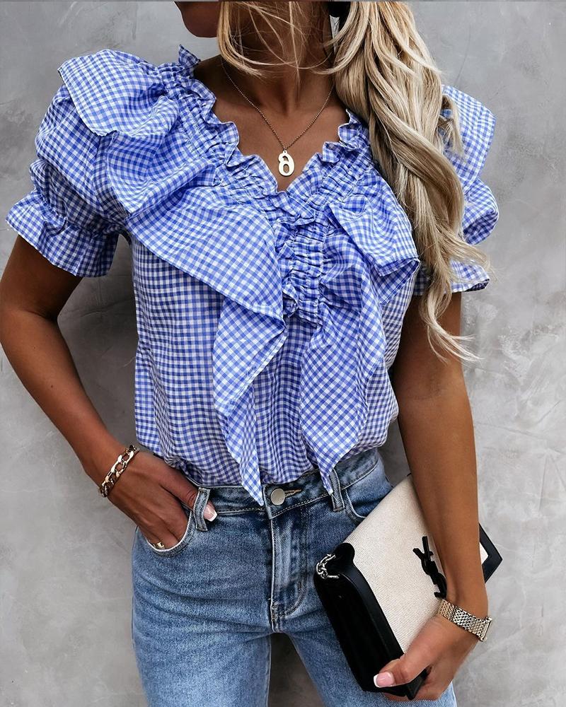

Plaid Print Puff Sleeve Ruffles Frill Hem Blouse, Blue