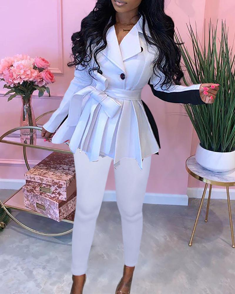 

Colorblock Double Breasted Ruffles Hem Blazer Coat & Pants Set, White