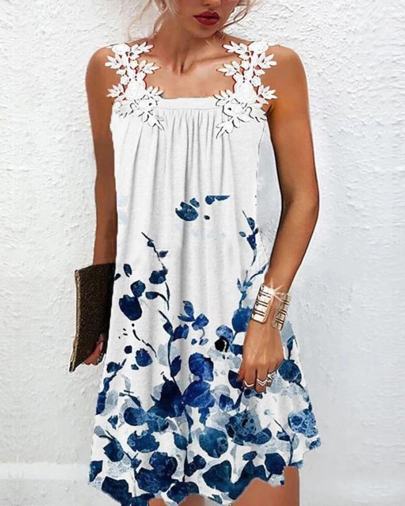 

Plants Print Lace Patch Casual Dress, White