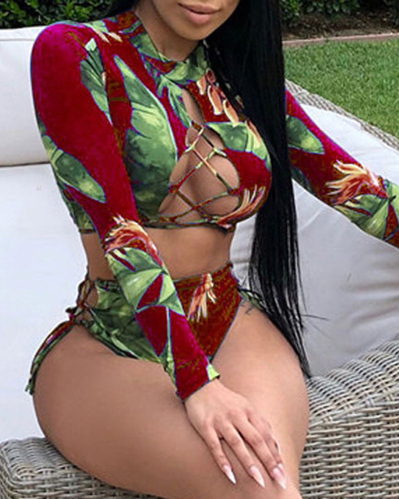 

Tropical Print Lace-up High Waist Tankini Set, Wine red