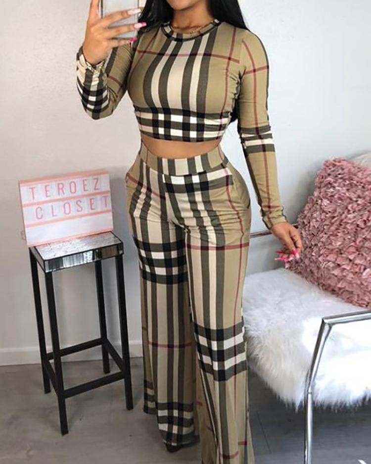 

Plaid Print Crop Top & Wide Leg Pants Sets, Khaki