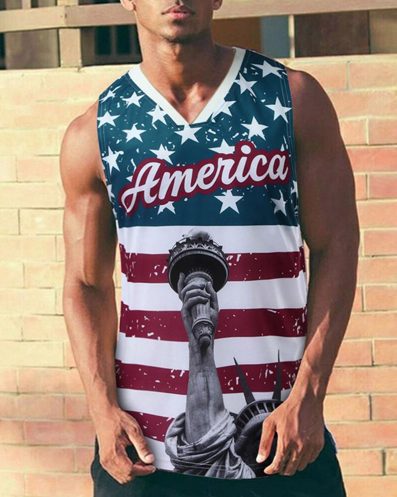 

Flag Print Sleeveless Loose Tanks, White
