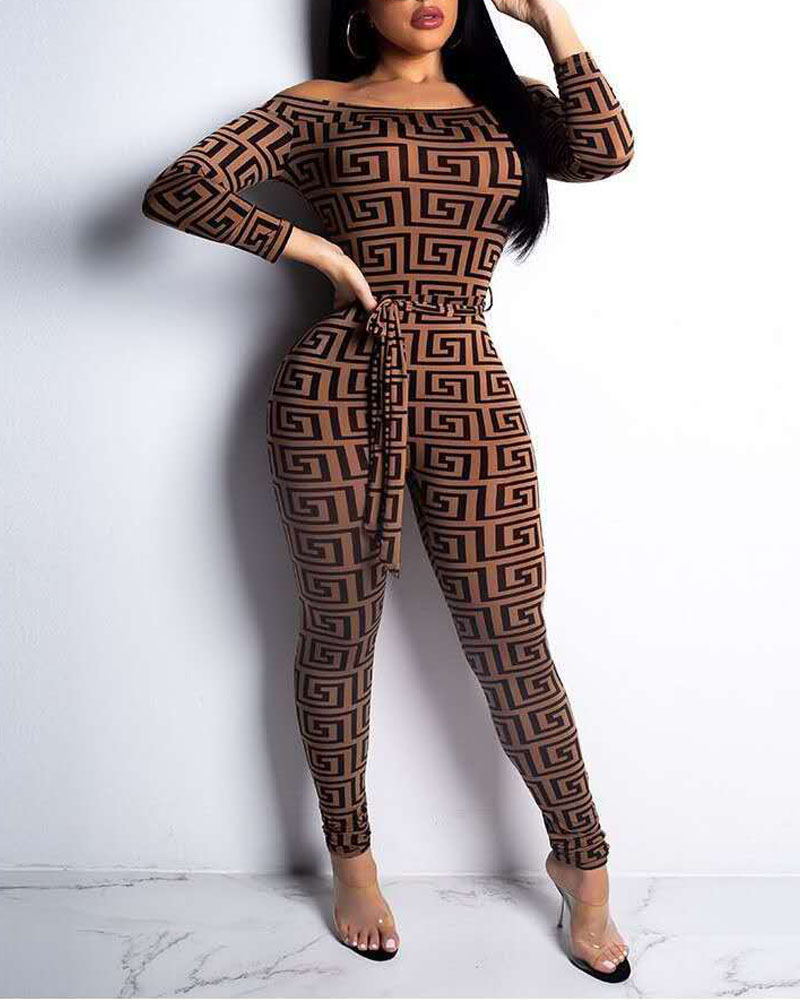 

Geo Print Off Shoulder Belted Skinny Jumpsuit, Brown
